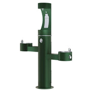 Evergreen pedestal water fountain with three drinking bowls at varying heights and upper bottle filling station.