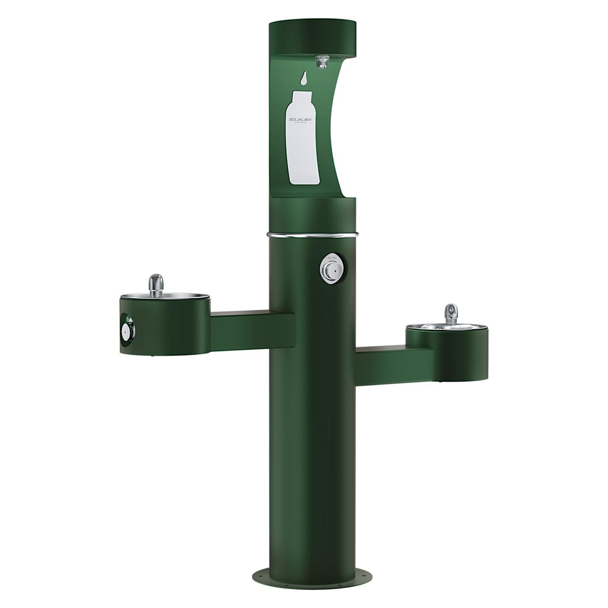 Evergreen pedestal water fountain with three filling stations at different heights and upper bottle filler receptacle.