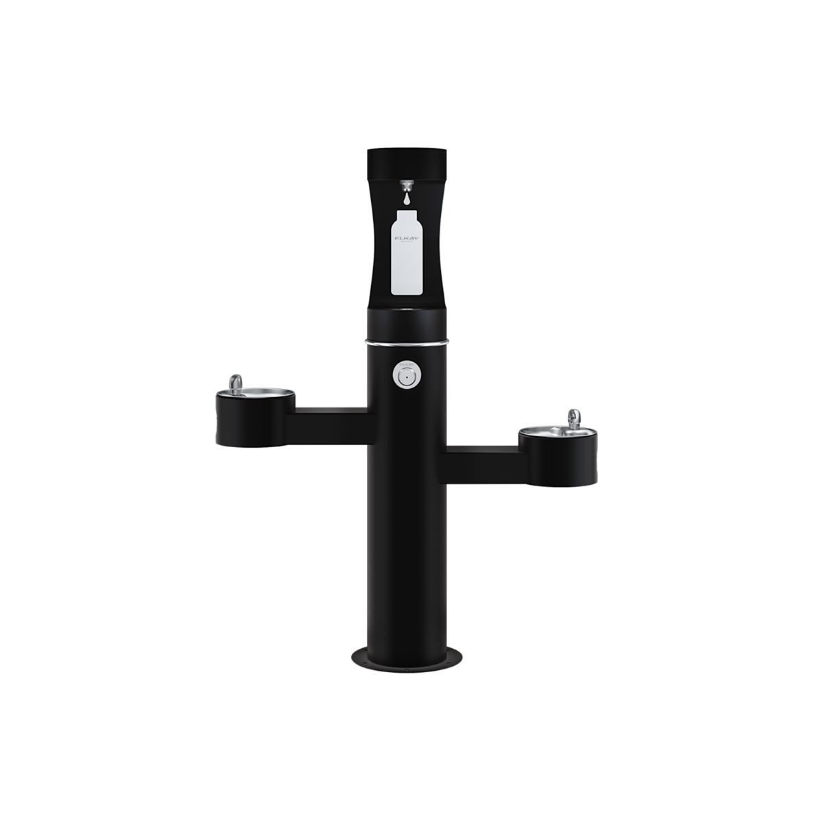 Black pedestal-mounted water bottle filling station with upper bottle filler and two lower drinking fountains.