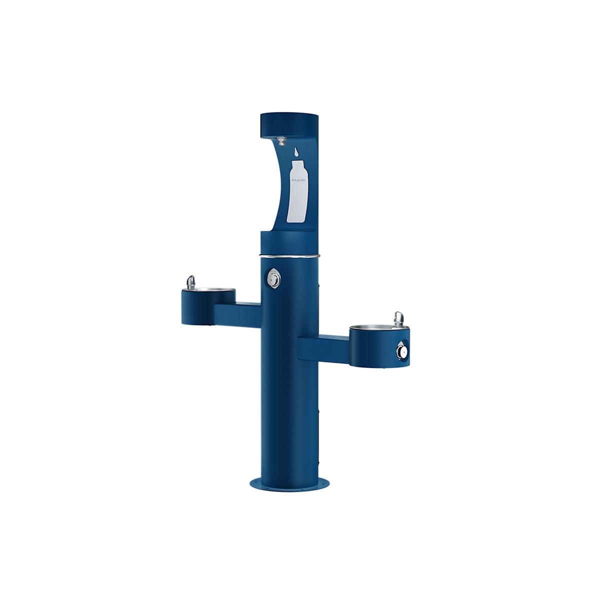 Blue pedestal-mounted water fountain with upper bottle filling station and two side-mounted drinking spouts.