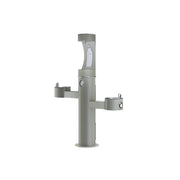 Gray pedestal bottle filling station with three filling levels and upper bottle holder.