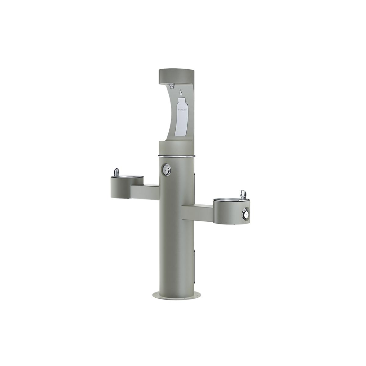 Gray pedestal bottle filling station with three filling levels and upper bottle holder.
