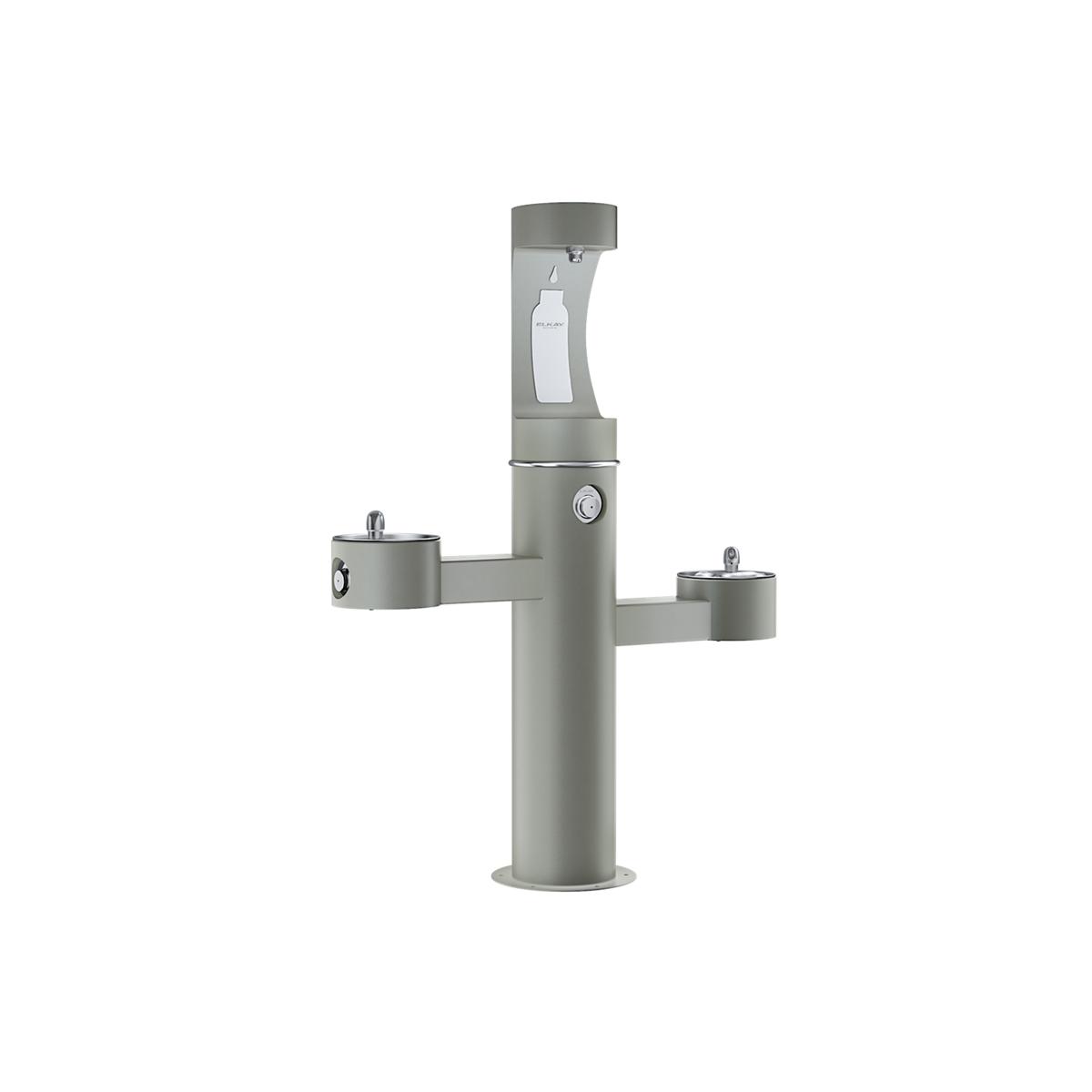 Gray pedestal water fountain with upper bottle filling station and two lower drinking bowls on extended arms.