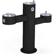 Black pedestal fountain with three drinking bowls at different heights connected by horizontal arms.
