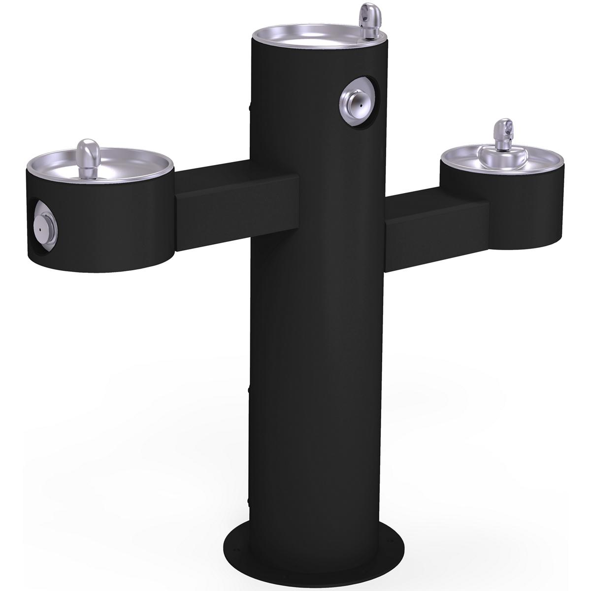 Black pedestal fountain with three drinking bowls at different heights connected by horizontal arms.