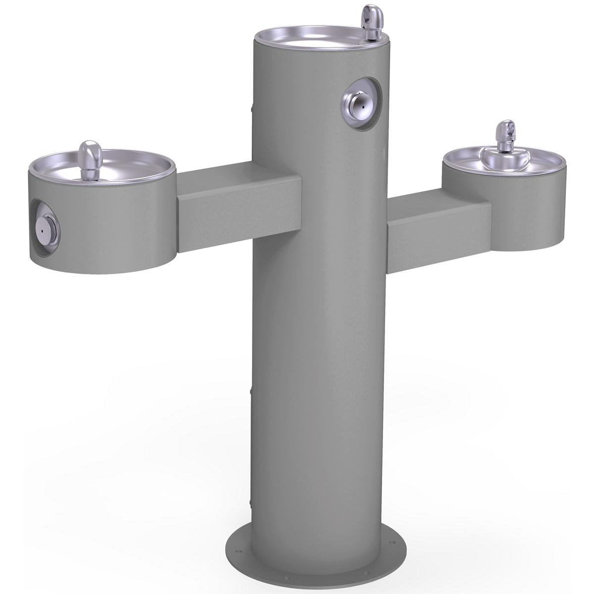 Gray outdoor pedestal fountain with three tiers and stainless steel drinking basins mounted on cross arms.