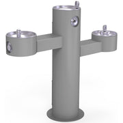 Gray outdoor pedestal fountain with three drinking stations at different heights connected by horizontal arms.