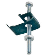 Two zinc-plated hex head screws with matching hex nuts connected through a teal metal clip bracket.