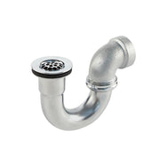Chrome drain fitting assembly with grid strainer basket and angled elbow connector for sink drainage.