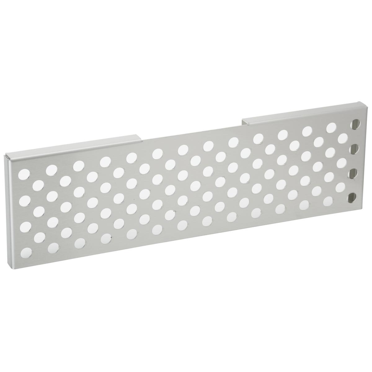 Chrome plated brass perforated cover plate with evenly spaced round holes in a rectangular design.