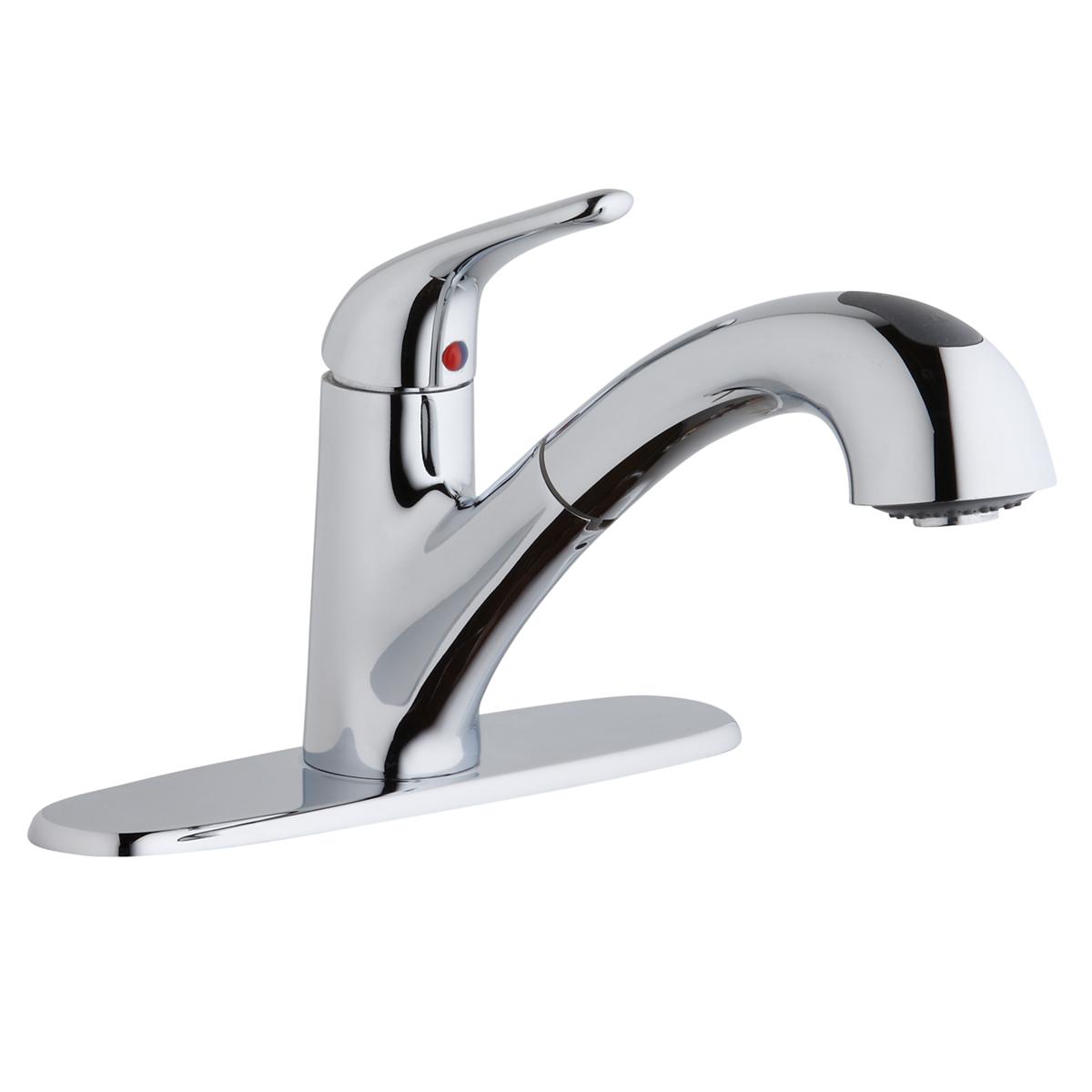 Chrome kitchen faucet with single lever handle and pull-out spray spout mounted on deck plate.