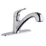 Chrome kitchen faucet with single lever handle and pull-out spray spout mounted on deck plate.