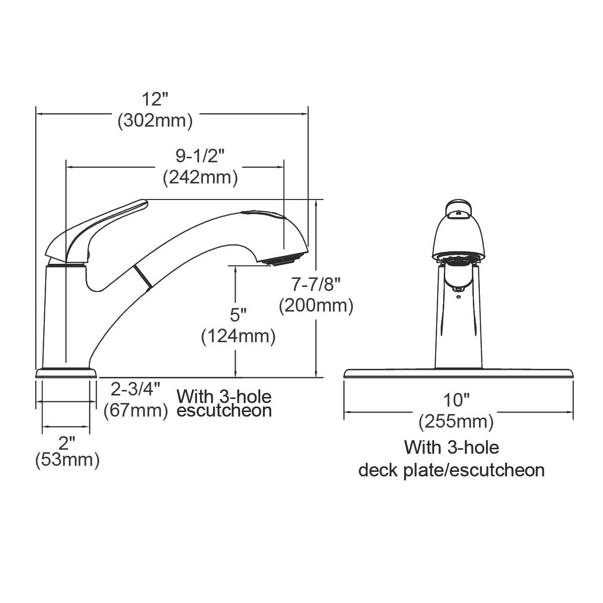 Chrome single-hole kitchen faucet with pull-out spray and lever handle, shown with dimensions and optional escutcheon.
