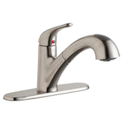 Lustrous steel kitchen faucet with pull-out spray, lever handle, and deck-mounted base.