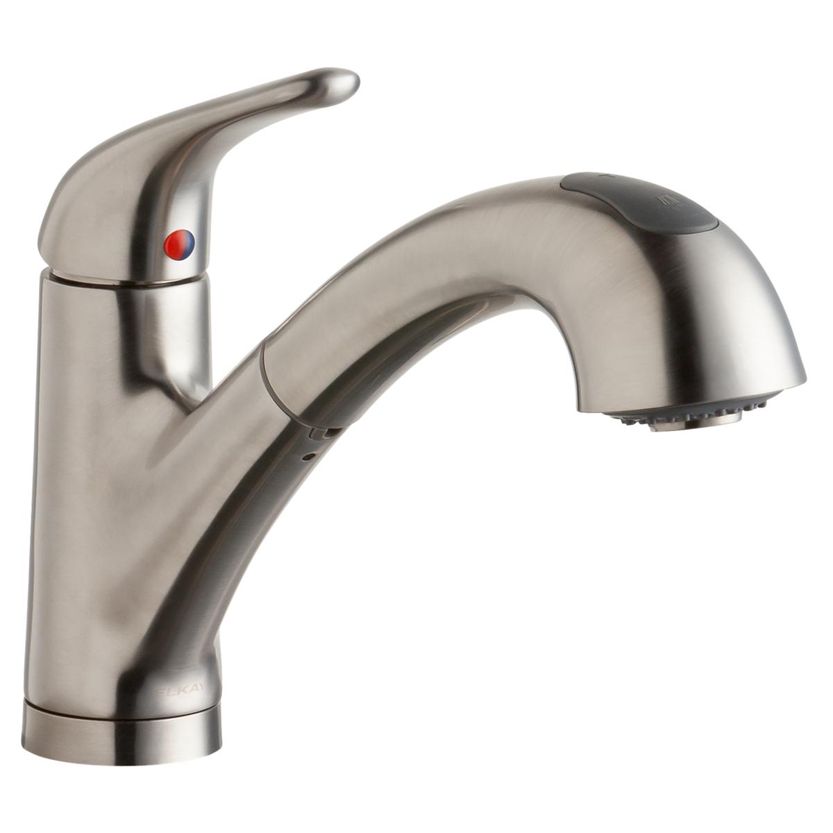 Lustrous steel single-hole kitchen faucet with pull-out spray spout and lever handle.