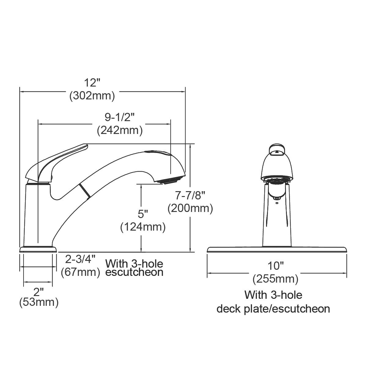 Lustrous steel single-hole kitchen faucet with pull-out spray head and lever handle, shown with deck plate and dimensional sp