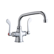 Chrome kitchen faucet with arched spout and two wristblade handles on circular base.