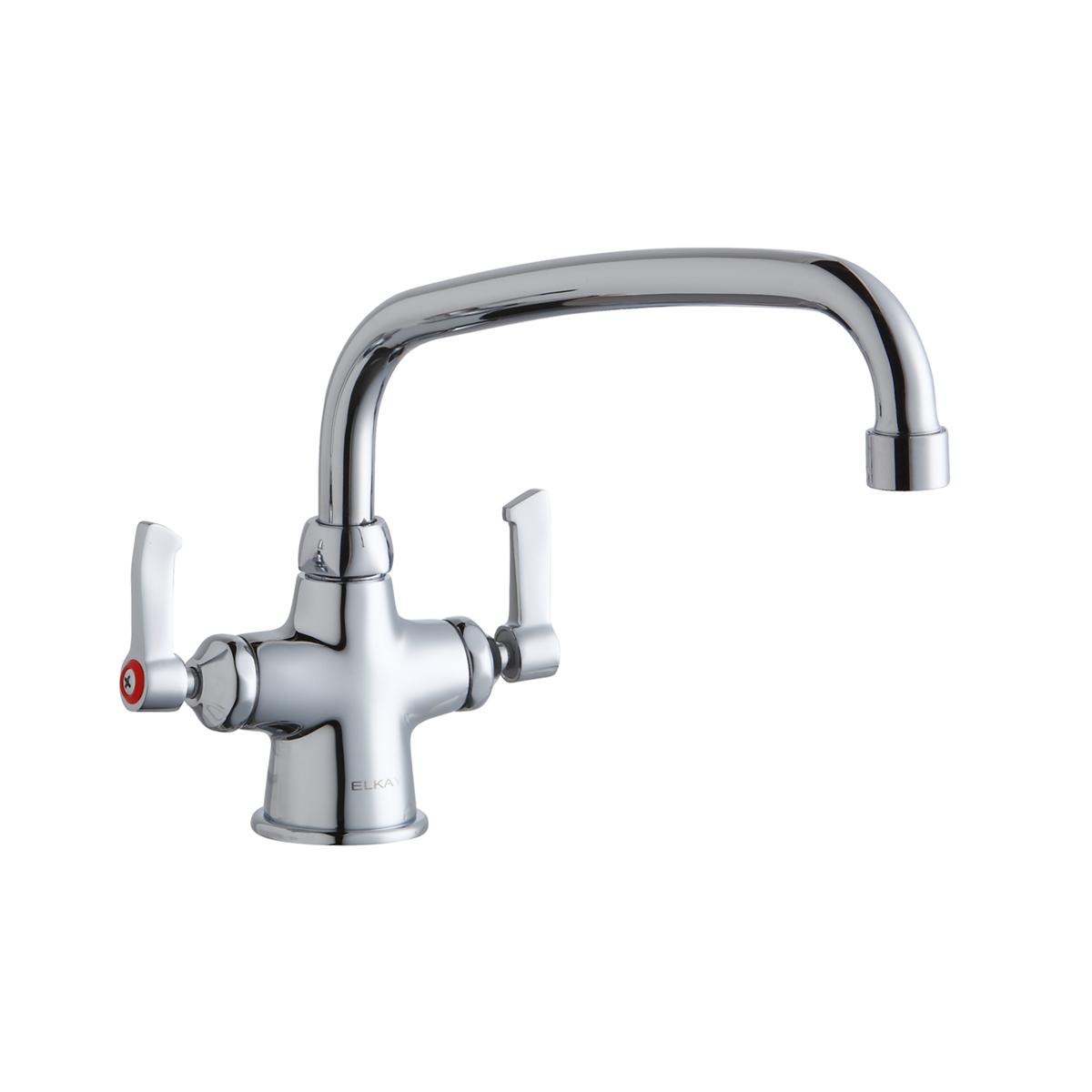 Chrome kitchen faucet with arched spout, two lever handles, and red hot water indicator on base.