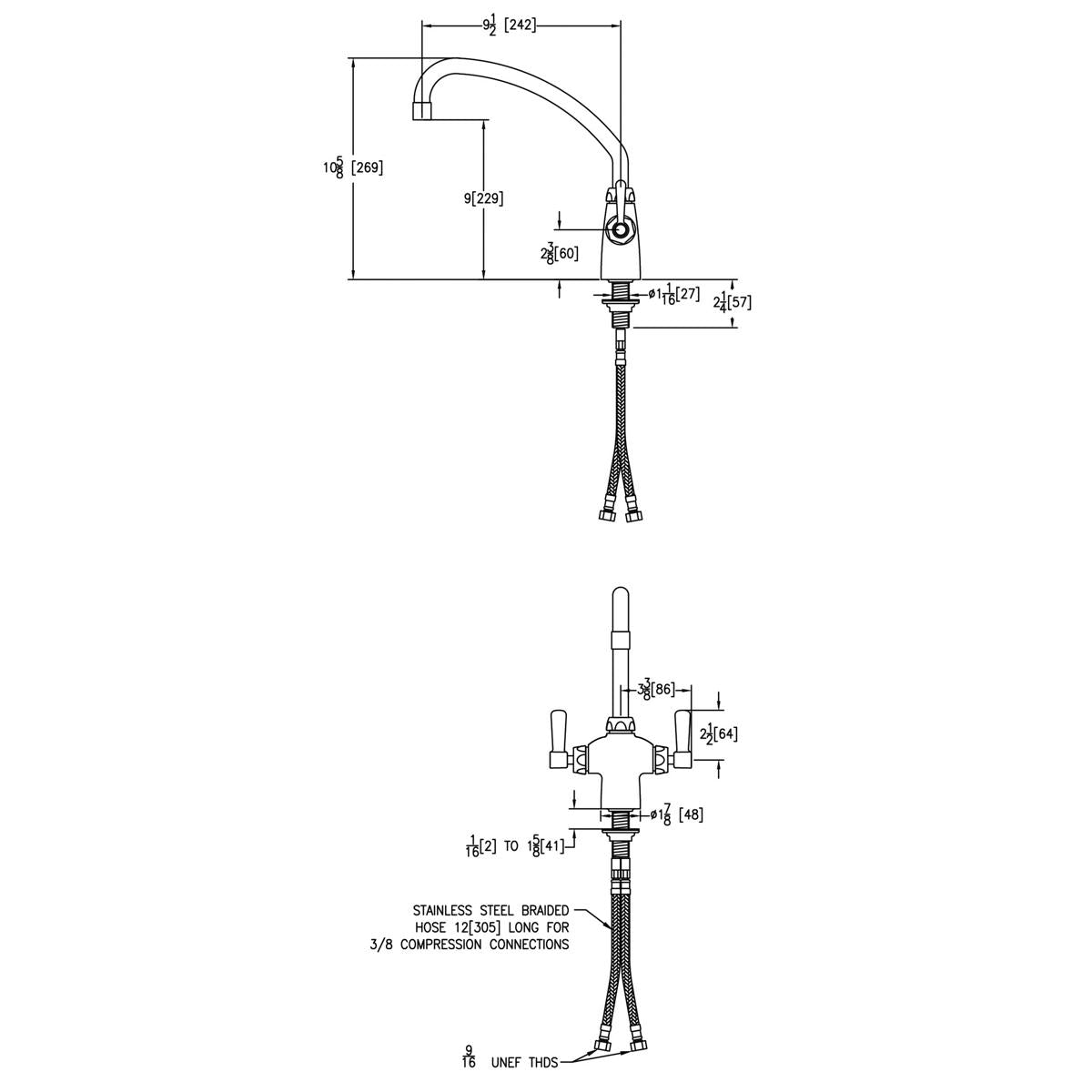 Chrome single-hole faucet with 10-inch arc tube spout and 2-inch lever handles, shown in technical drawing with concealed dec