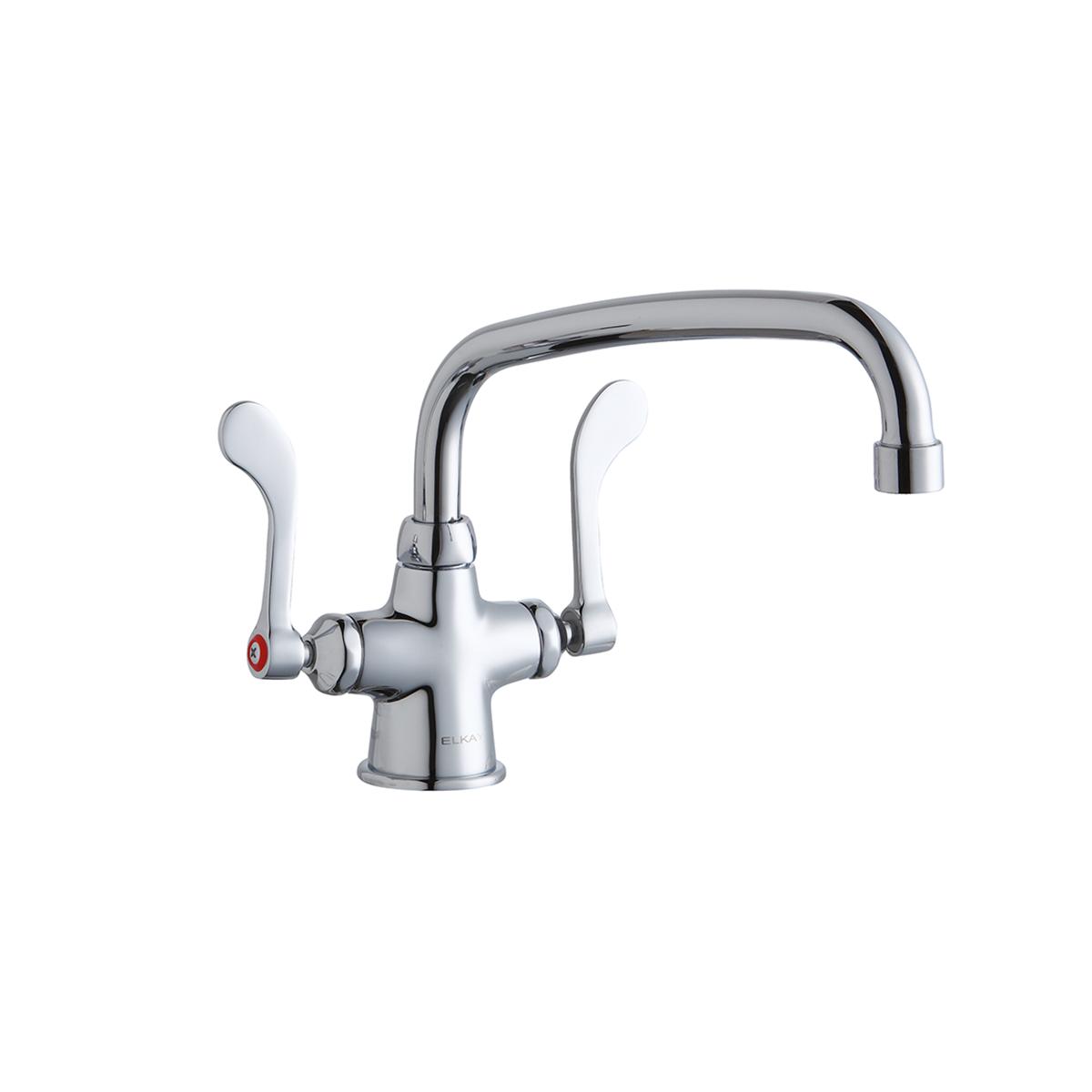 Chrome single-hole kitchen faucet with curved arc spout and wristblade handles.