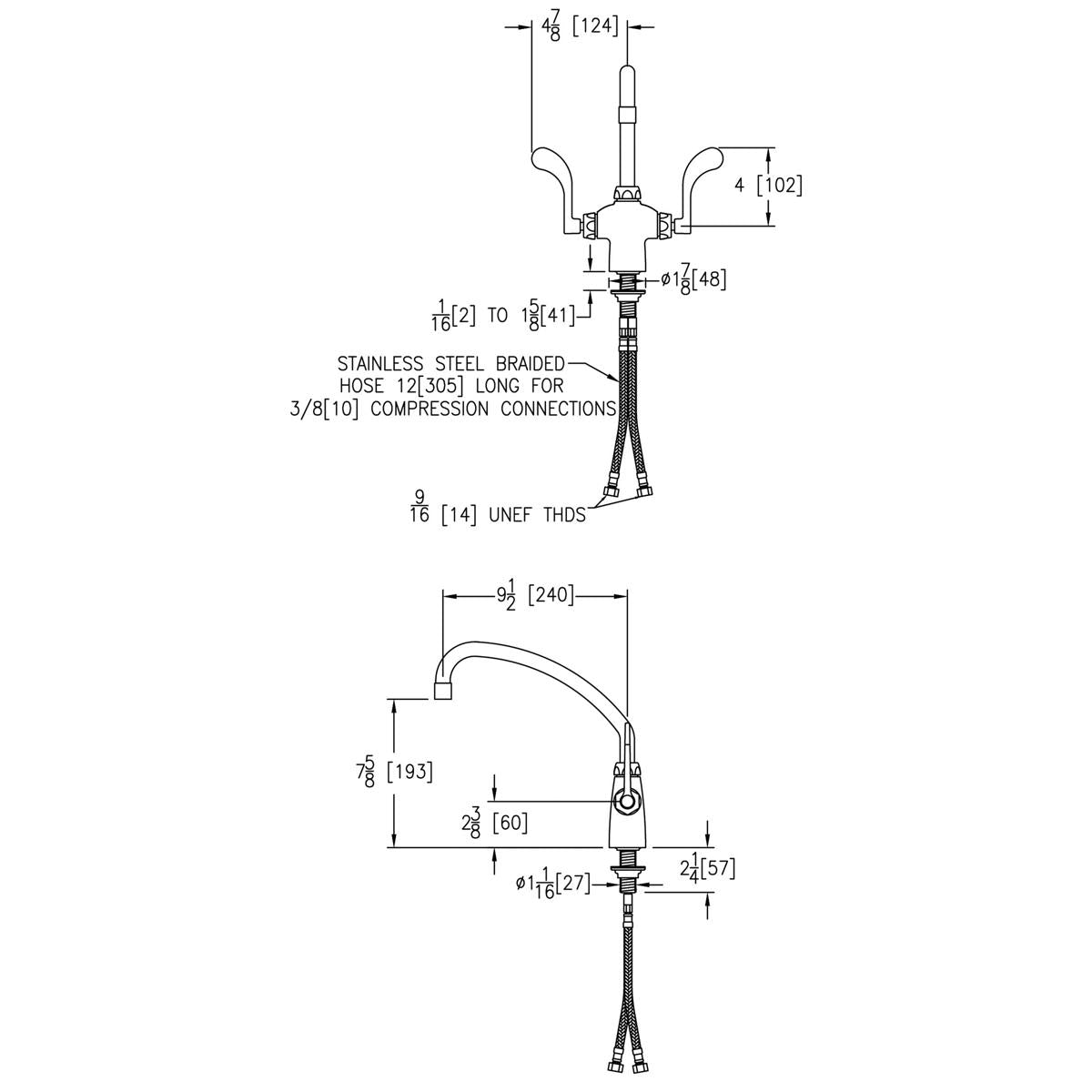 Chrome single-hole faucet with curved arc spout and wristblade handles, shown in technical schematic with dimensions.
