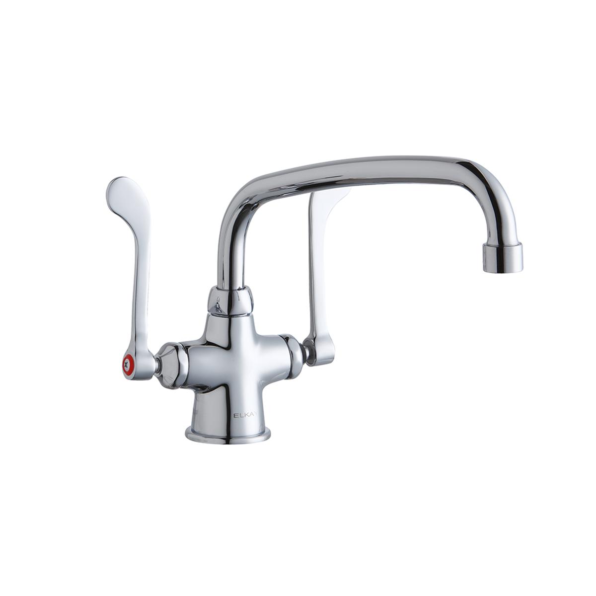Chrome single-hole kitchen faucet with curved arc spout and wristblade handles.
