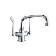 Chrome single-hole kitchen faucet with curved arc spout and wristblade handles.