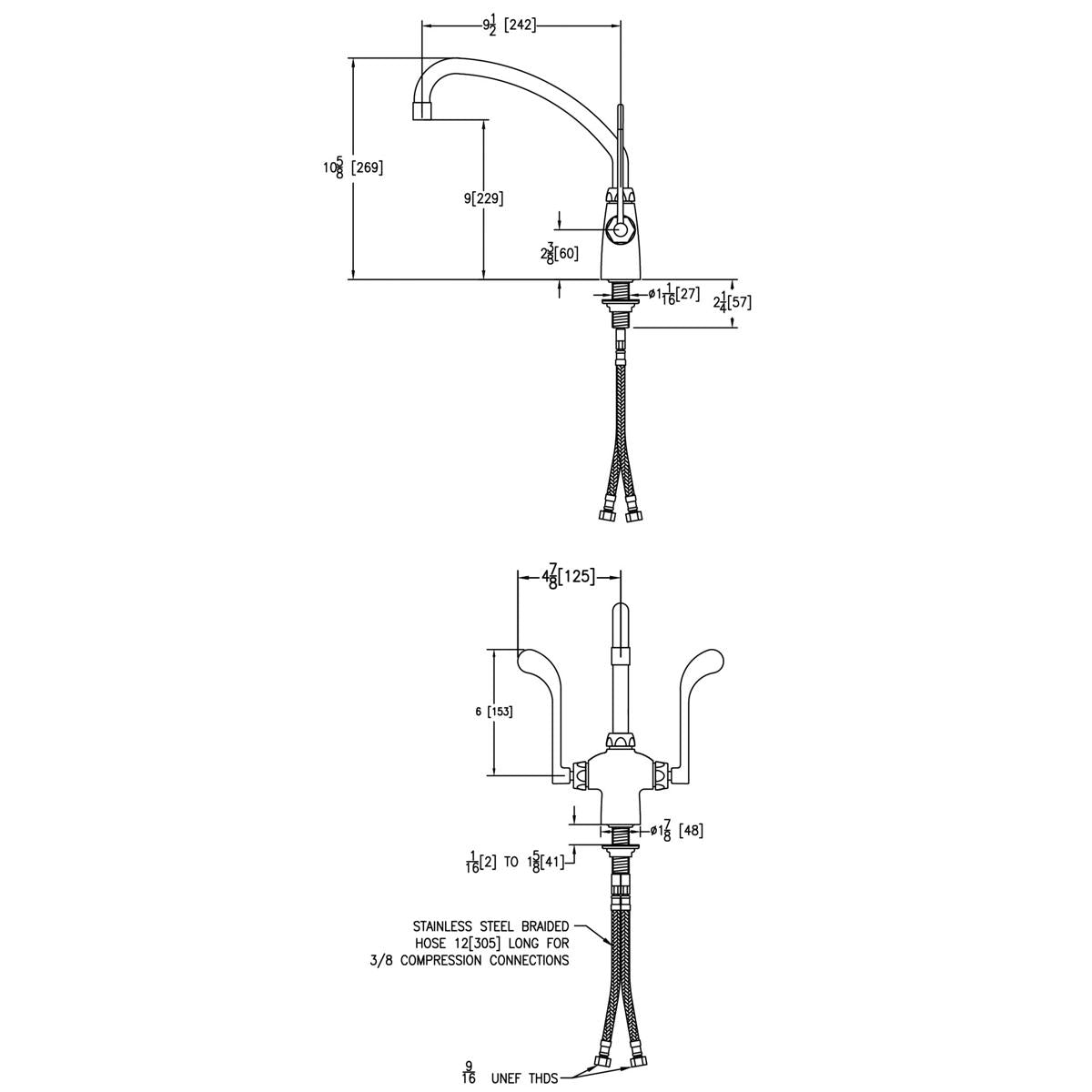 Chrome single-hole faucet with 10" arc spout, 6" wristblade handles, and concealed deck mounting with supply lines and techni