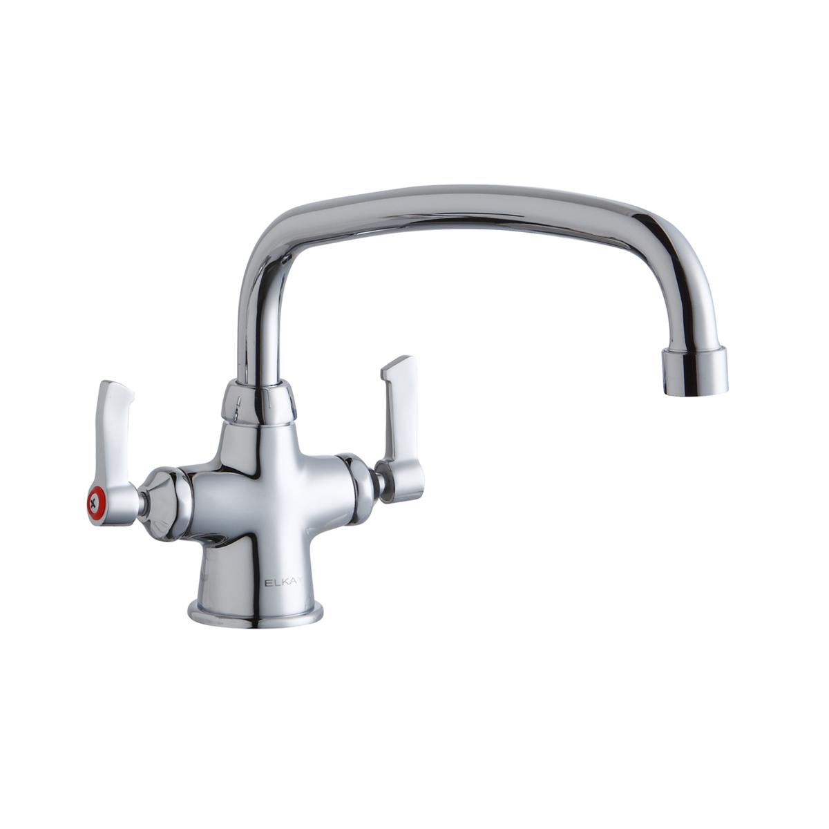 Chrome kitchen faucet with arched spout and two white lever handles.