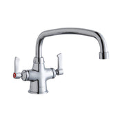 Chrome kitchen faucet with arched spout and two white lever handles.