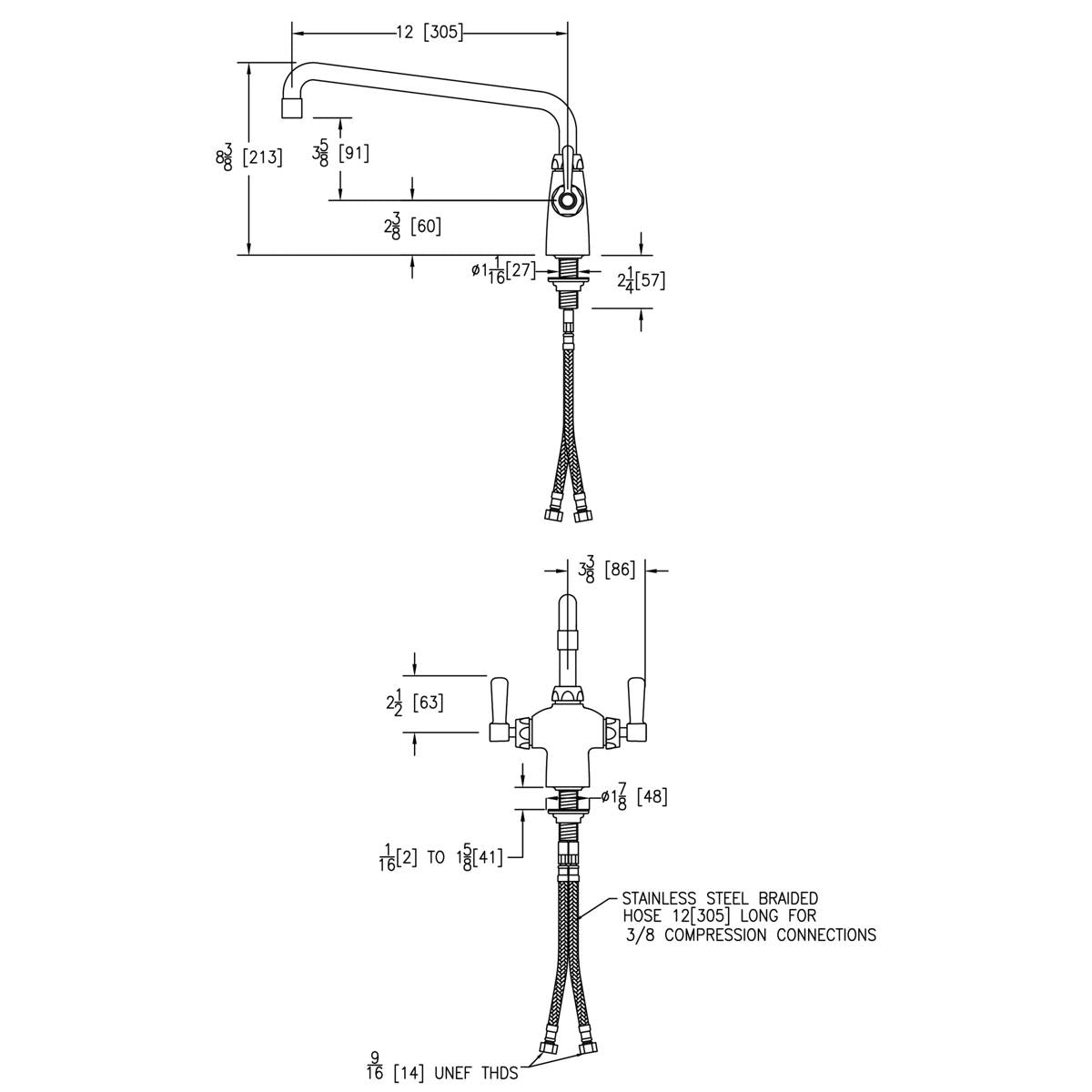 Chrome single-hole kitchen faucet with 12-inch arc spout, 2-inch lever handles, and concealed deck mounting with braided supp
