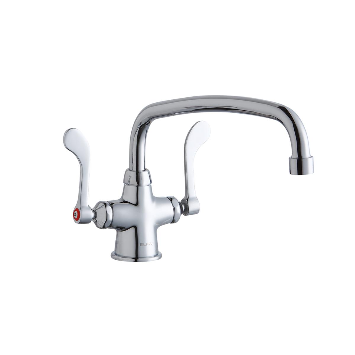 Chrome kitchen faucet with arched spout and wristblade handles on circular base.