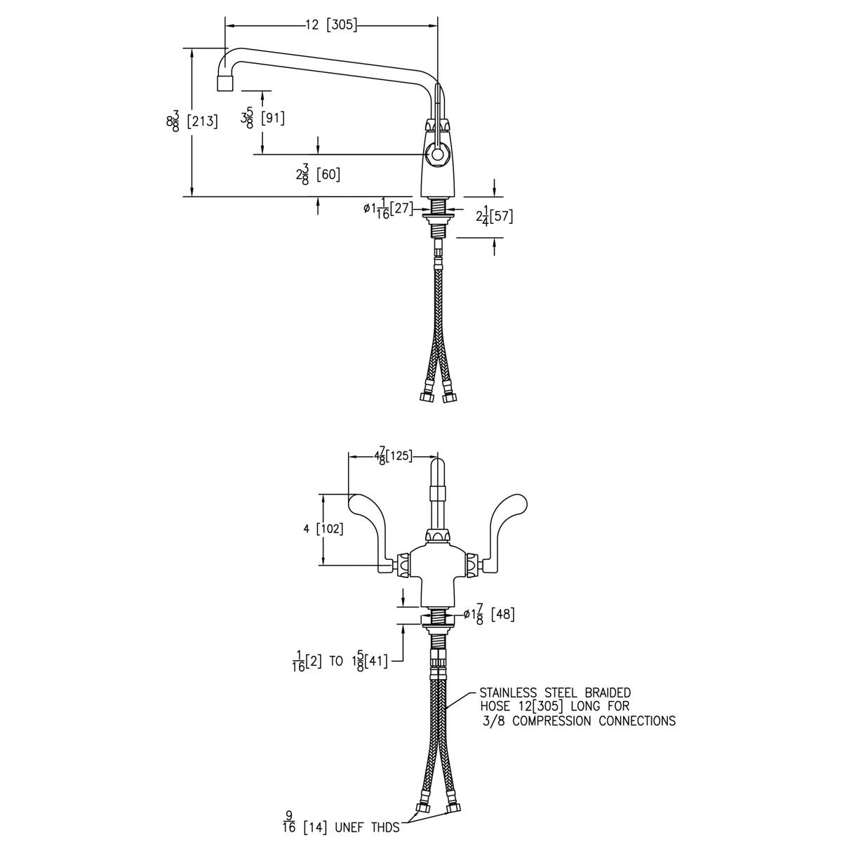 Chrome single-hole faucet with 12-inch arc spout, 4-inch wristblade handles, and concealed deck mounting with braided supply 