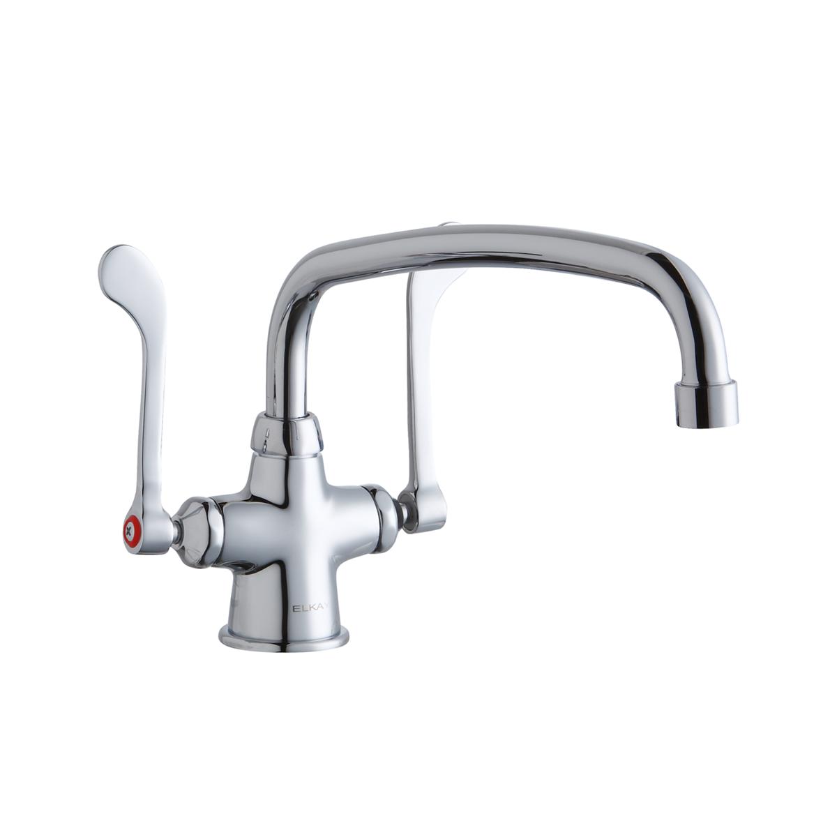 Chrome single-hole kitchen faucet with arched spout and wristblade handle with red accent.