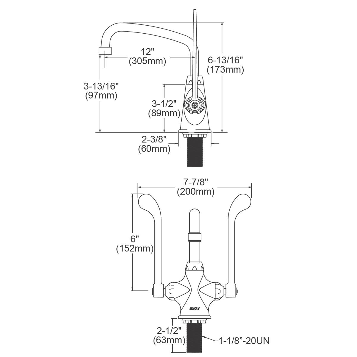 Chrome single-hole faucet with 12" arc spout and 6" wristblade handles, shown with dimensions and installation specifications