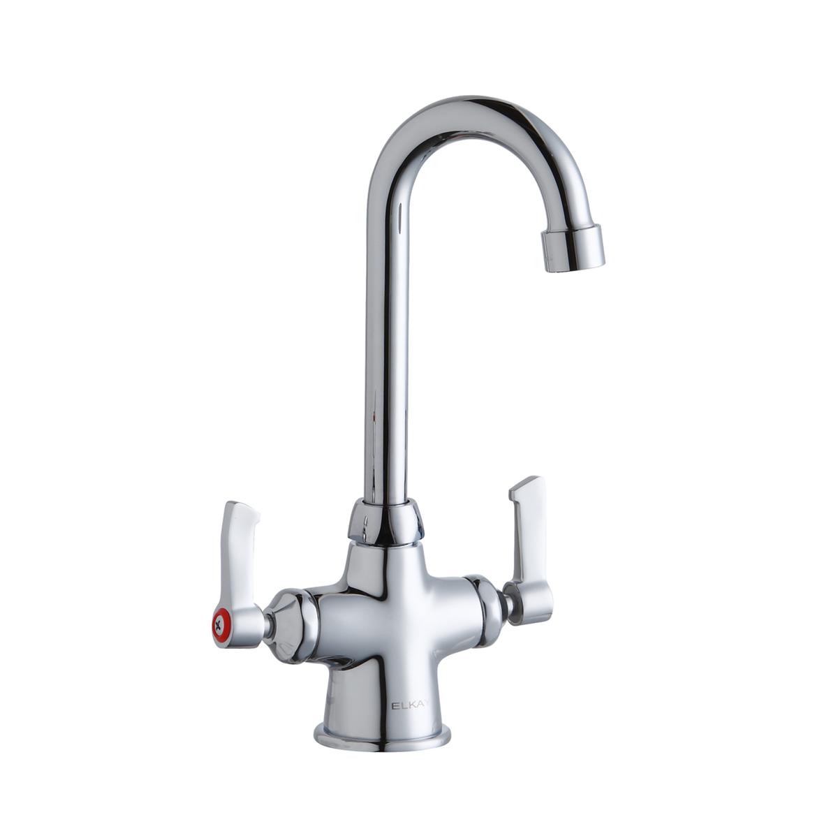 Chrome kitchen faucet with curved gooseneck spout and two white lever handles.