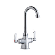 Chrome kitchen faucet with curved gooseneck spout and two white lever handles.