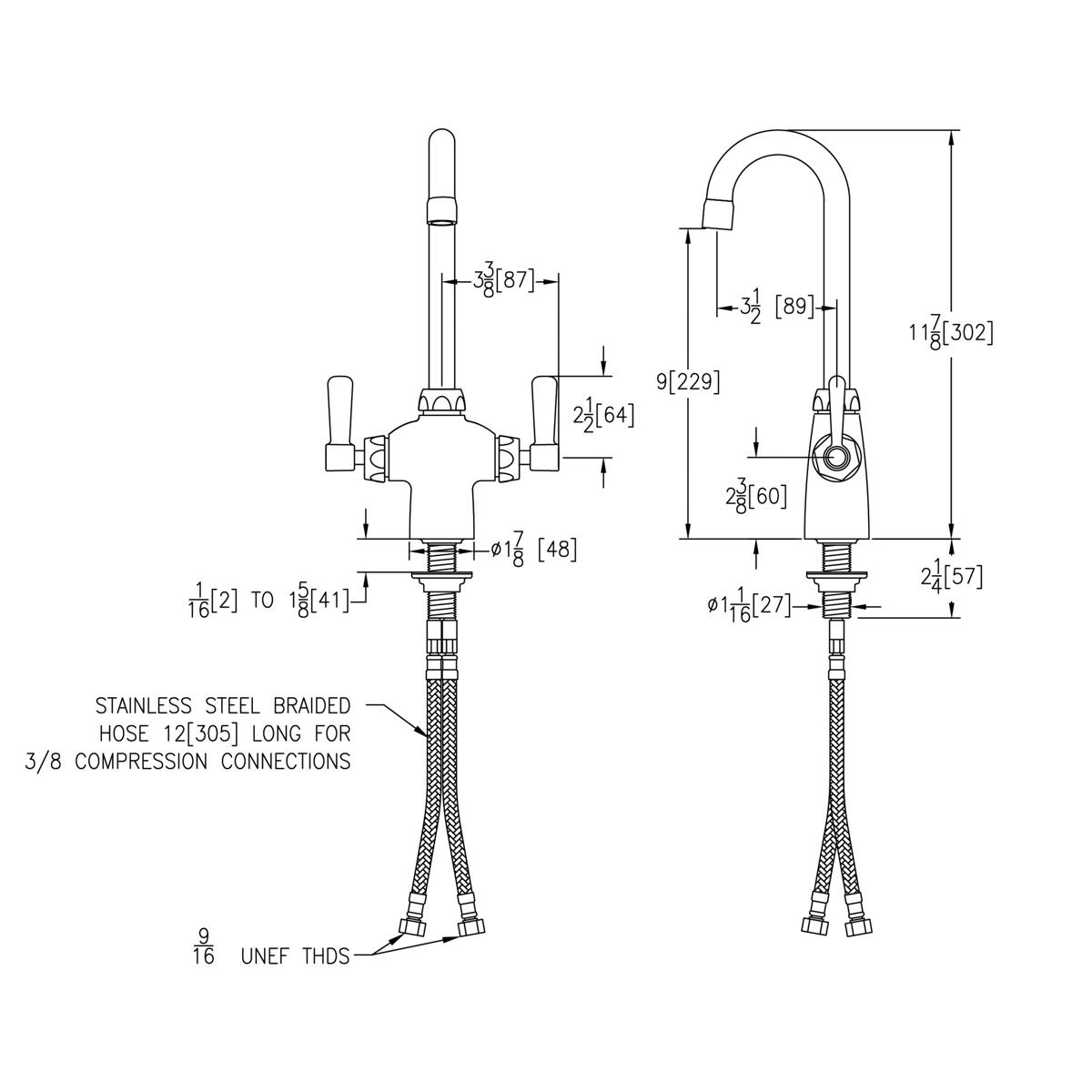Chrome faucet with gooseneck spout and two lever handles, shown in front and side technical drawings with dimensions and conn