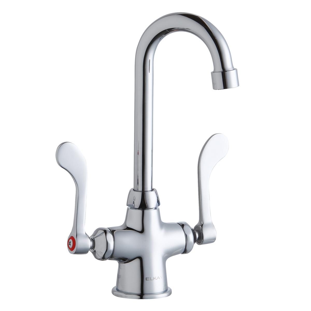 Chrome kitchen faucet with curved gooseneck spout and two wristblade handles.