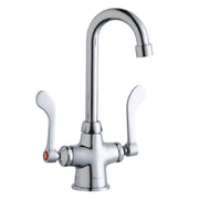 Chrome kitchen faucet with curved gooseneck spout and two wristblade handles.