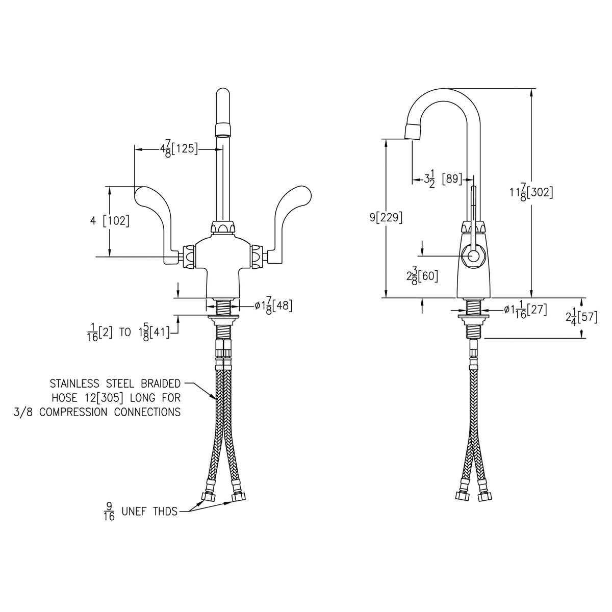 Chrome single-hole faucet with gooseneck spout, wristblade handles, and stainless steel braided supply hoses shown in front a