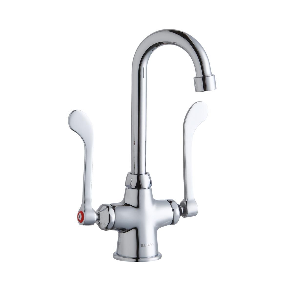Chrome kitchen faucet with curved gooseneck spout and two curved wristblade handles.