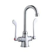 Chrome kitchen faucet with curved gooseneck spout and two curved wristblade handles.