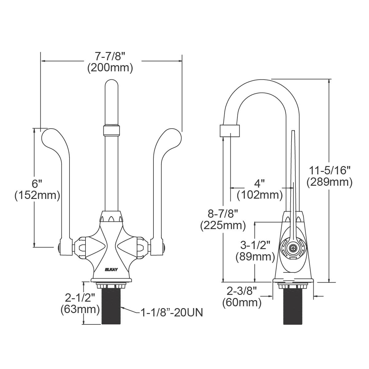 Chrome kitchen faucet with 4-inch gooseneck spout and 6-inch wristblade handles, shown in front and side technical drawings w