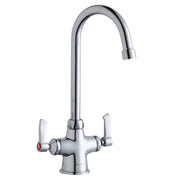 Chrome kitchen faucet with curved gooseneck spout and two white lever handles.