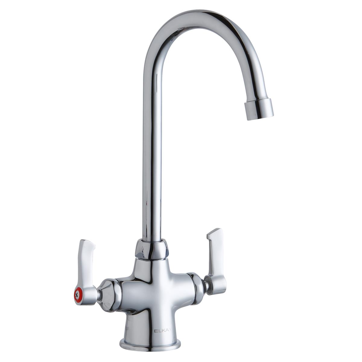 Chrome kitchen faucet with curved gooseneck spout and two white lever handles.