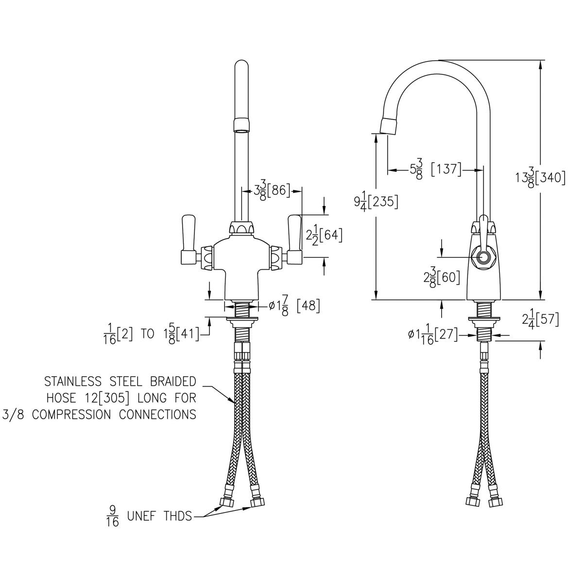 Chrome faucet with gooseneck spout and two lever handles, shown in front and side technical drawings with measurements and br