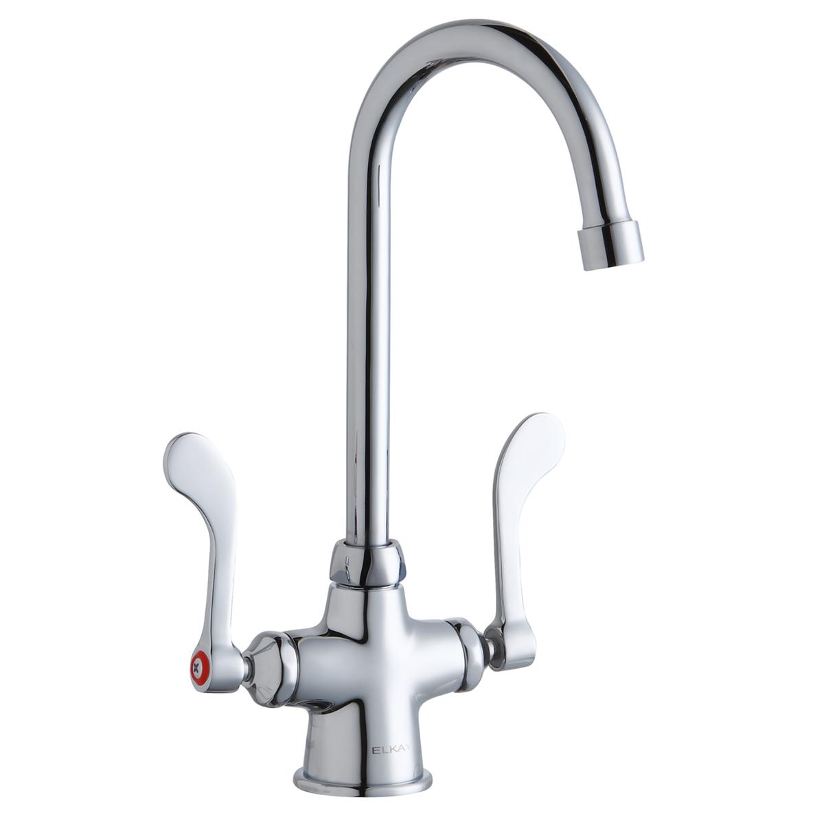 Chrome kitchen faucet with gooseneck spout, wristblade handles, and red hot water indicator on base.