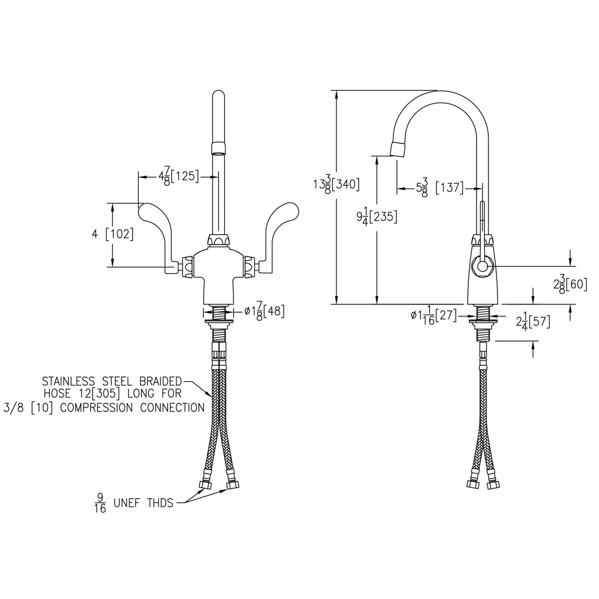 Chrome faucet with gooseneck spout, wristblade handles, and braided stainless steel supply hoses shown in technical schematic