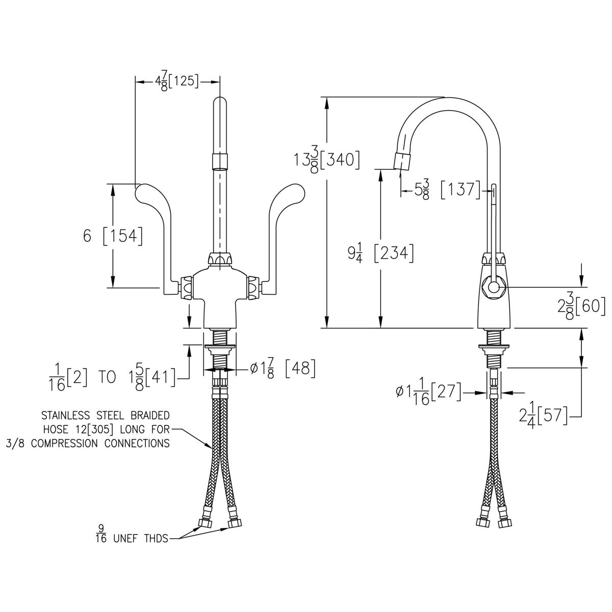 Chrome faucet with curved gooseneck spout and wristblade handles shown in front and side technical views with dimensions.
